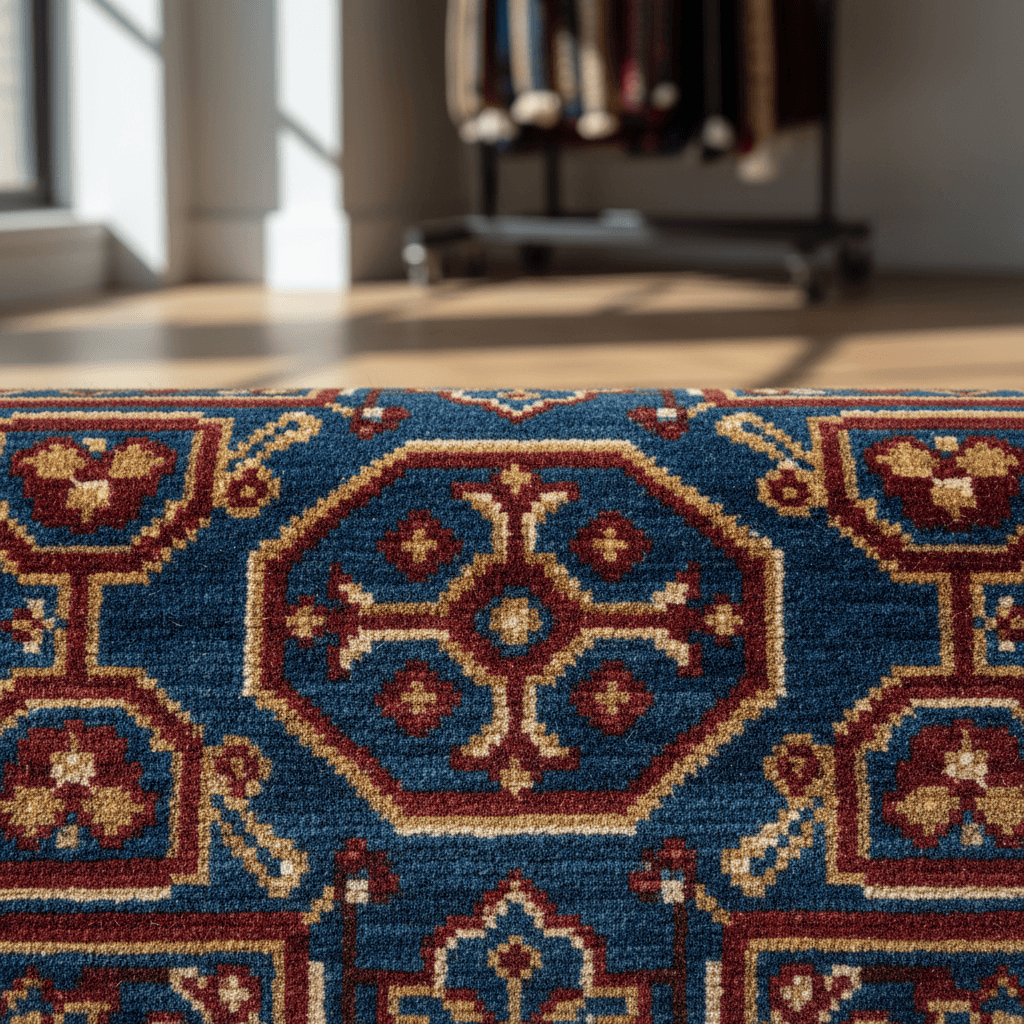 Completed multi-color tufted carpet sample from RoboTex production