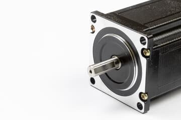 Black stepper motor featuring a silver square mounting flange and a central keyed output shaft.