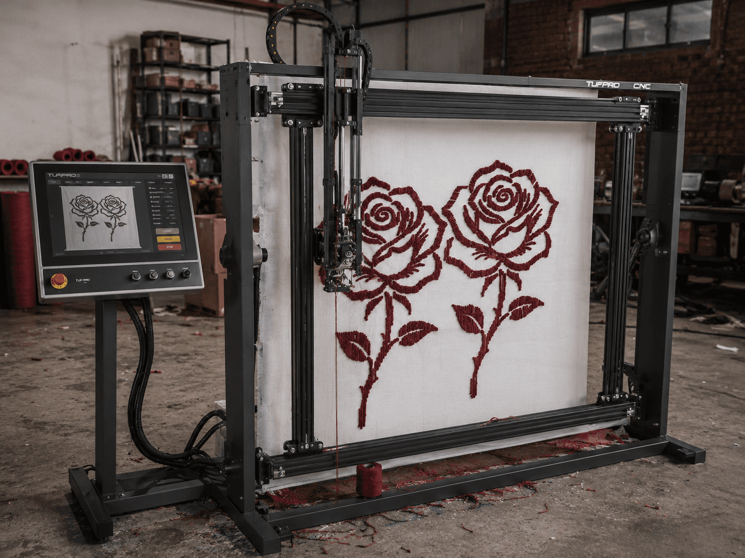 Automated CNC machine tufting two red roses onto a white canvas in a workshop.