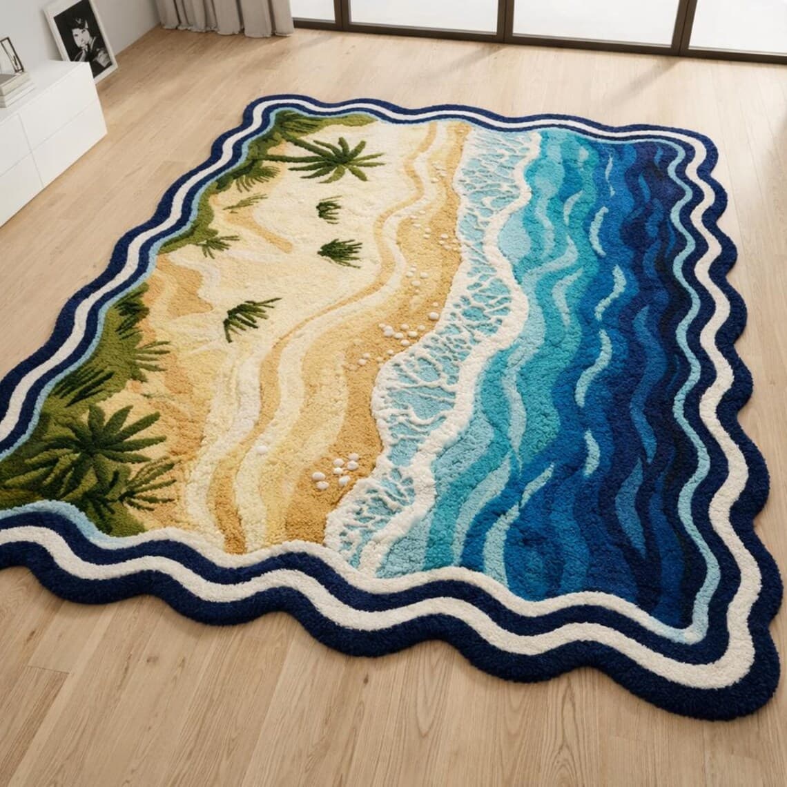 Wavy-bordered area rug featuring a tropical beach landscape with palm trees and blue ocean waves.