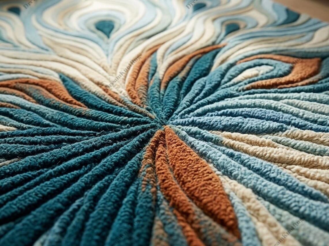 Textured rug featuring a radial peacock feather motif in teal, cream, and rust orange.